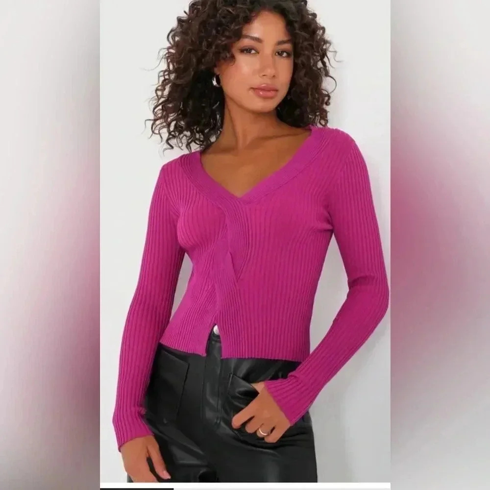 Lulus Magenta Ribbed Long Sleeve Sweater Top